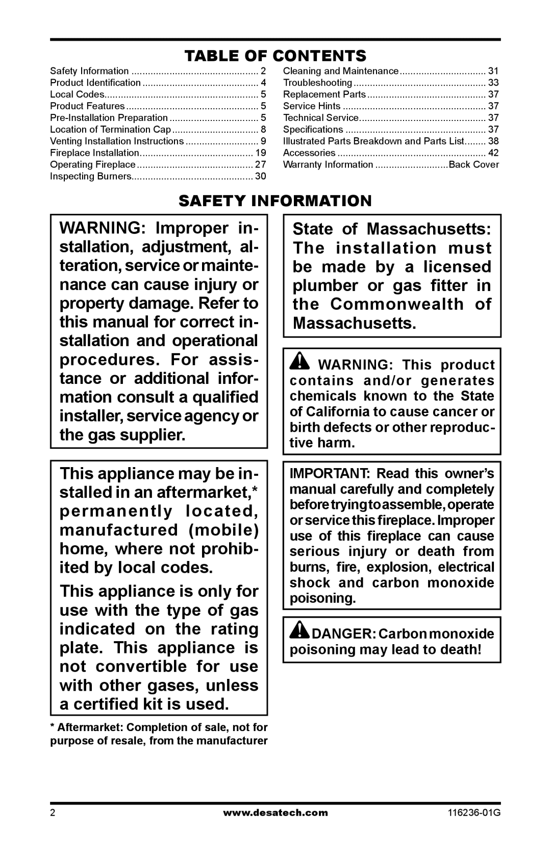 Desa (V)VC42P, CGCDV42NR, CGCDV42PR installation manual Table of Contents, Safety Information 