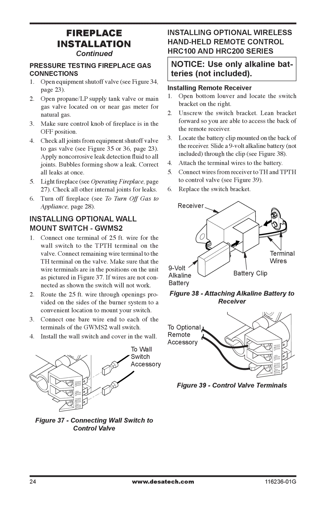 Desa CGCDV42NR, CGCDV42PR, (V)VC42P Pressure Testing Fireplace Gas Connections, Installing Remote Receiver 