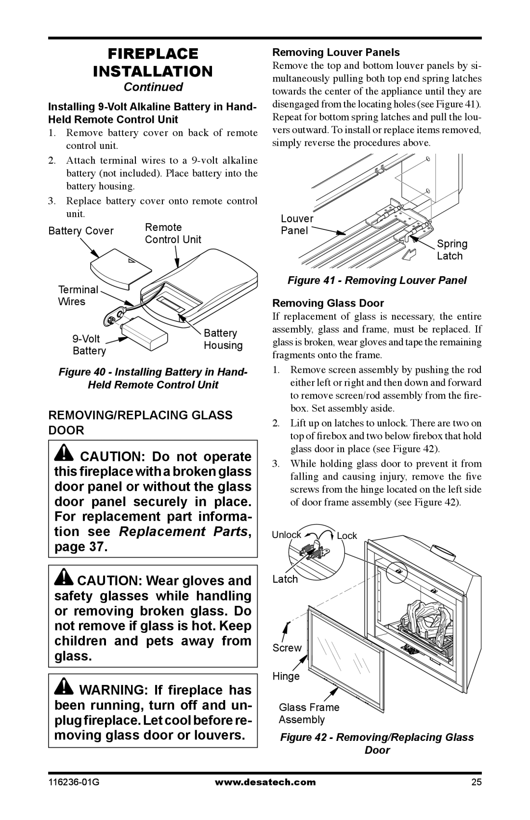 Desa CGCDV42PR Removing/Replacing Glass Door, Removing Louver Panels, Replace battery cover onto remote control unit 