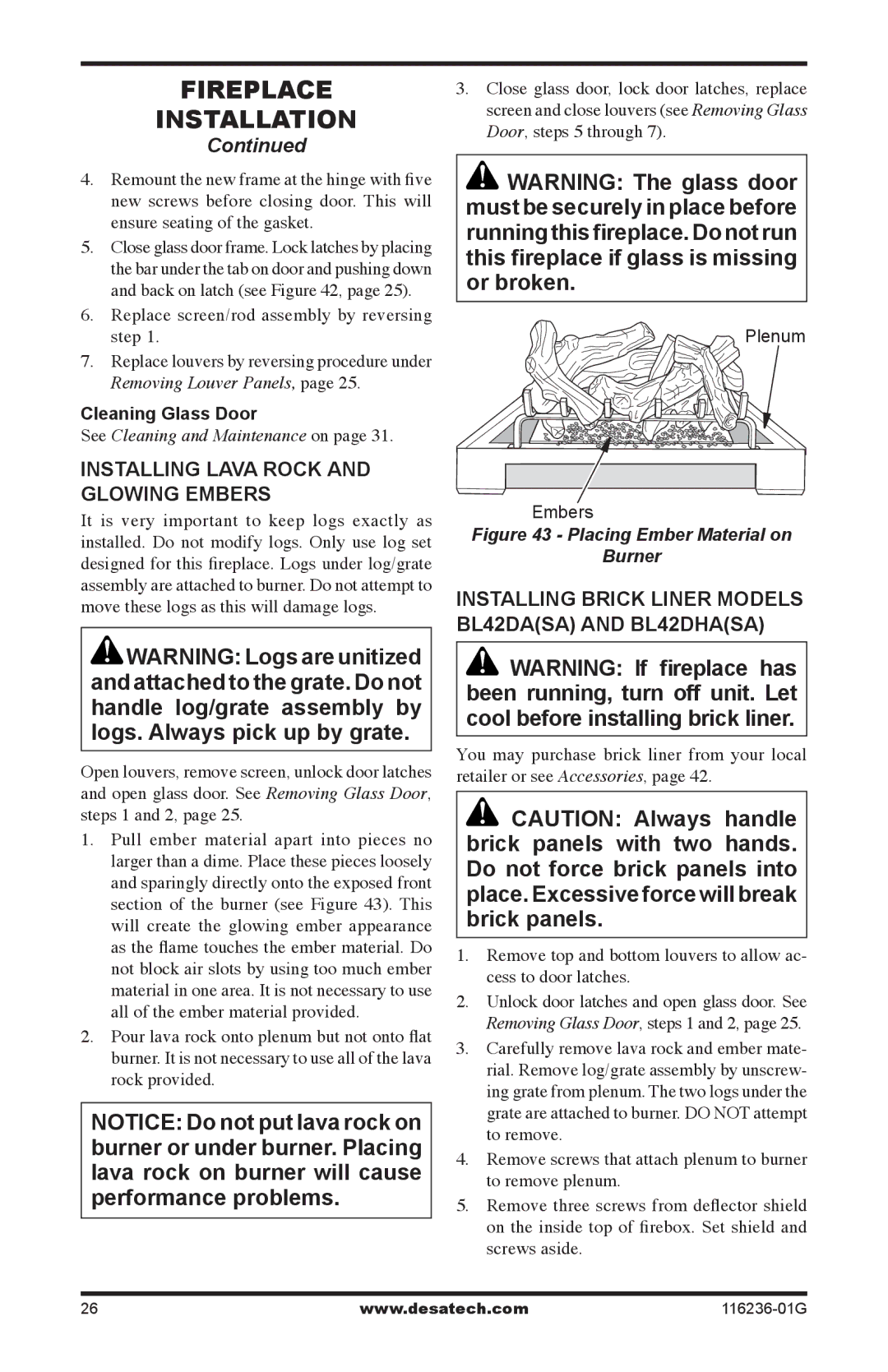 Desa (V)VC42P, CGCDV42NR Installing lava rock and glowing embers, Installing Brick liner Models BL42DASA and BL42DHASA 