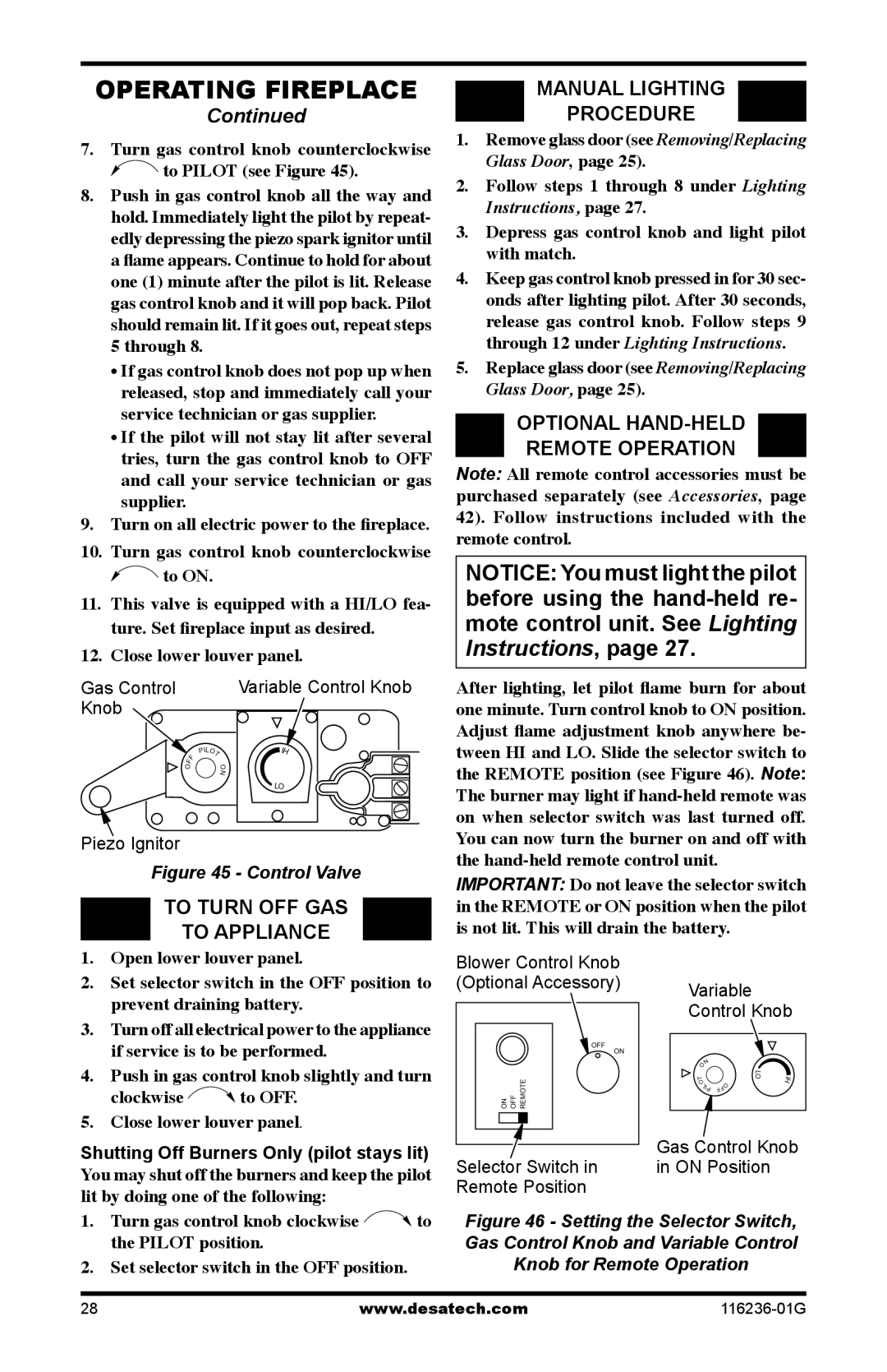 Desa CGCDV42PR, CGCDV42NR To Turn OFF GAS To Appliance Manual Lighting Procedure, Optional Hand-Held, Remote Operation 