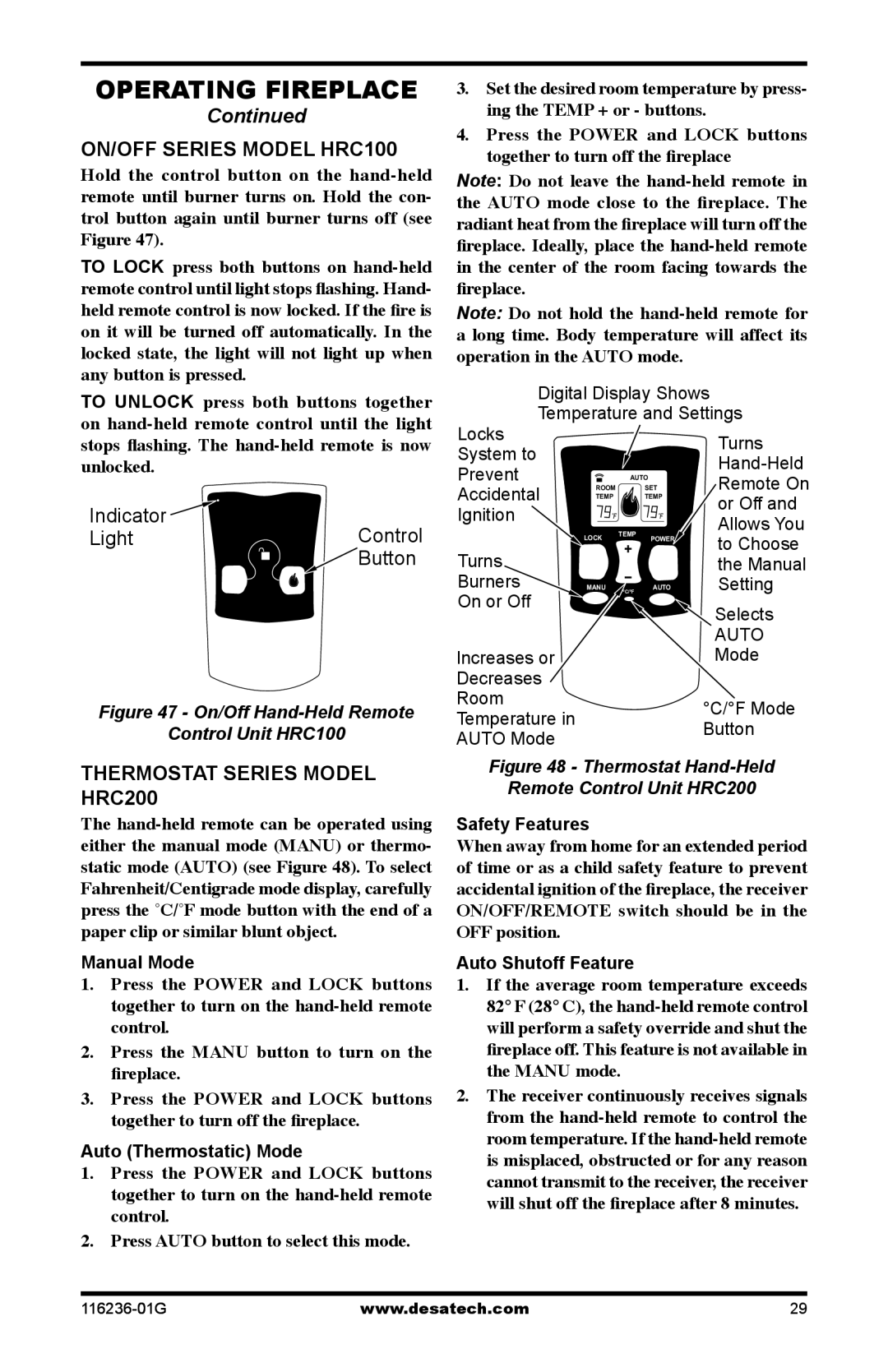 Desa (V)VC42P, CGCDV42NR, CGCDV42PR installation manual On/Off Series Model HRC100, Thermostat Series Model HRC200 