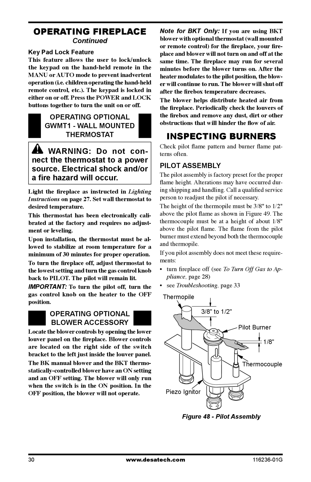 Desa CGCDV42NR Inspecting Burners, Operating optional GWMT1 Wall Mounted Thermostat, Operating optional blower accessory 