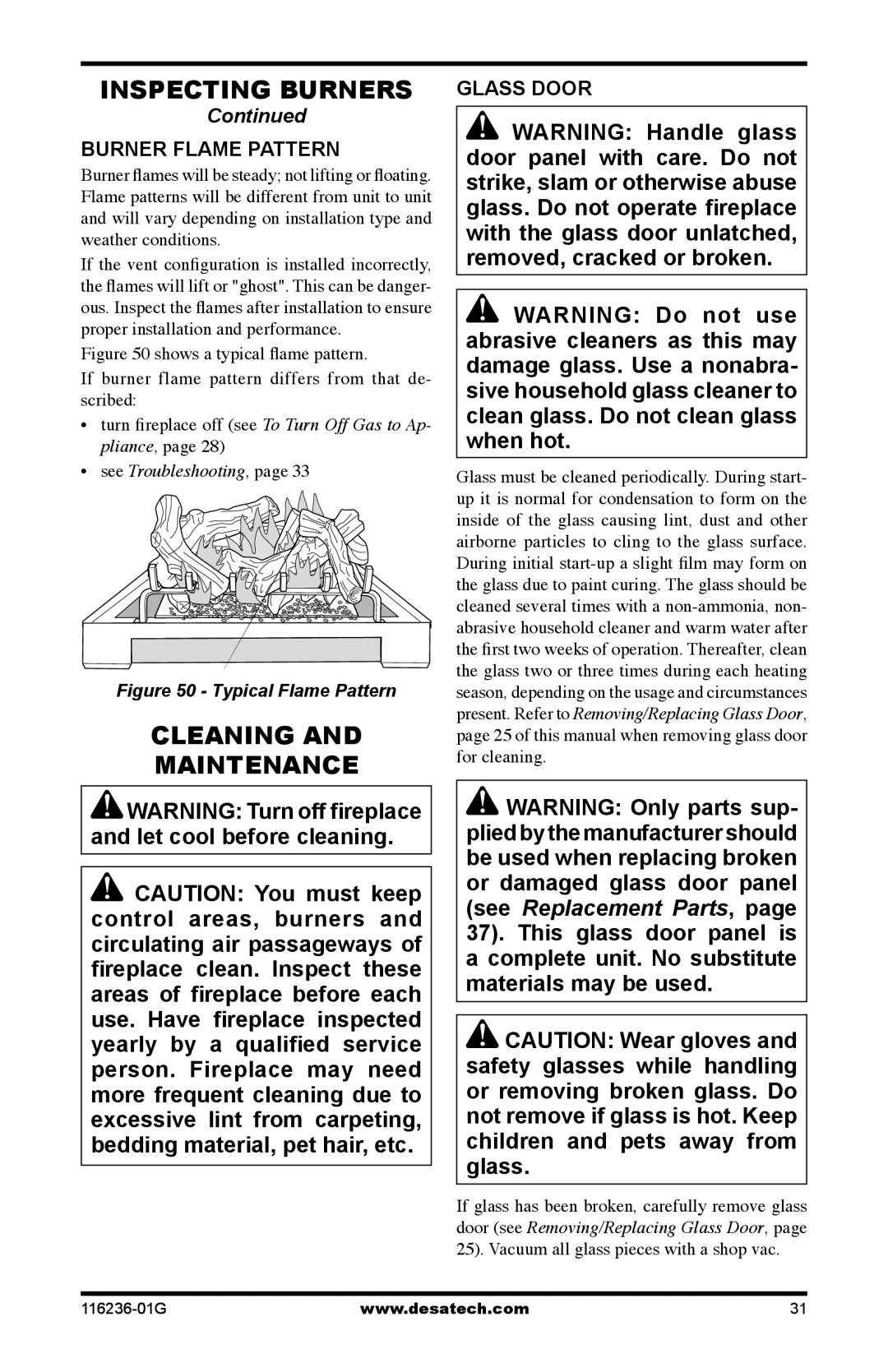 Desa CGCDV42PR, CGCDV42NR, (V)VC42P installation manual Cleaning Maintenance, Burner Flame Pattern, Glass Door 