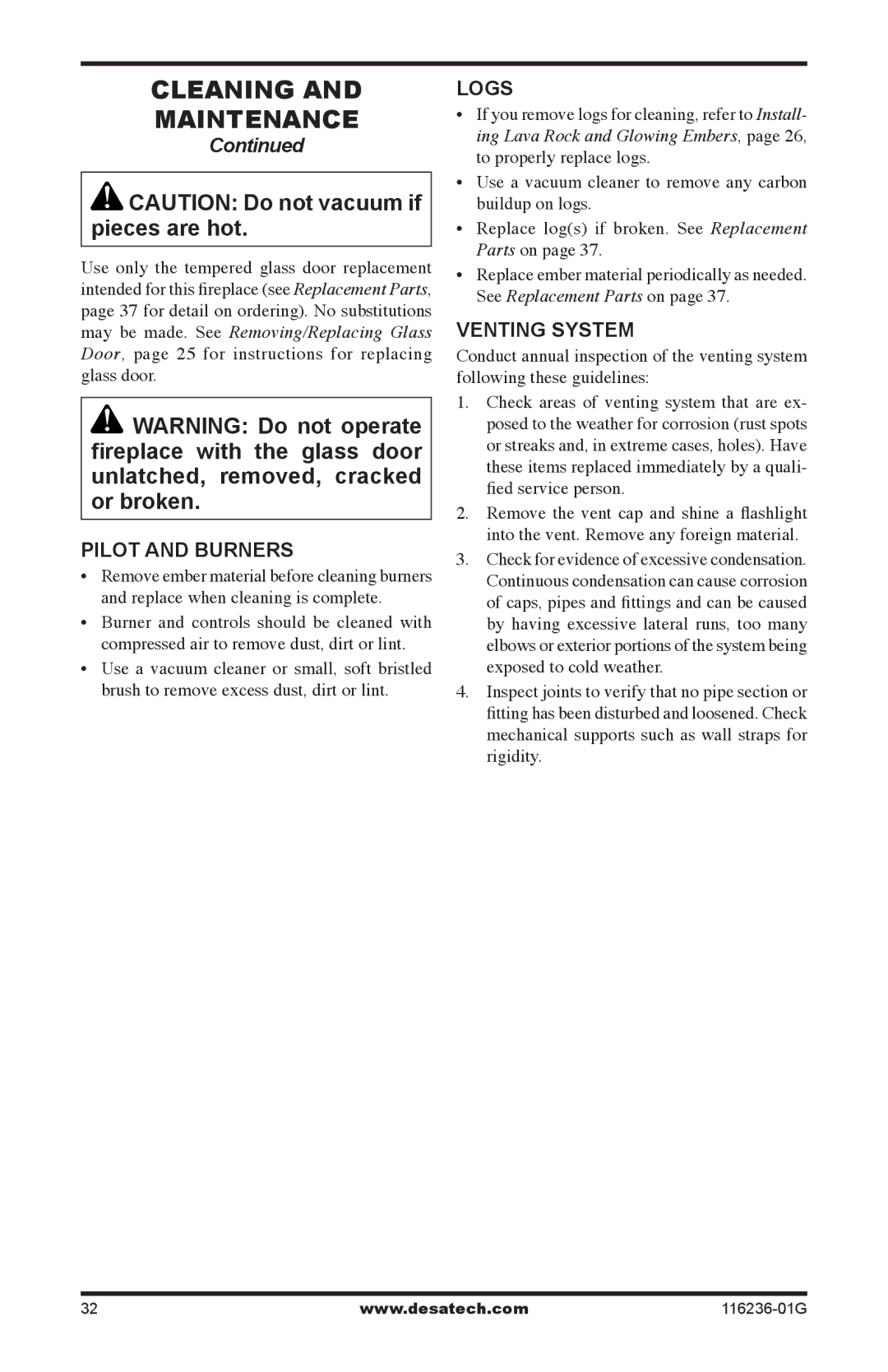 Desa (V)VC42P, CGCDV42NR, CGCDV42PR installation manual Pilot and burners, Logs, Venting system 