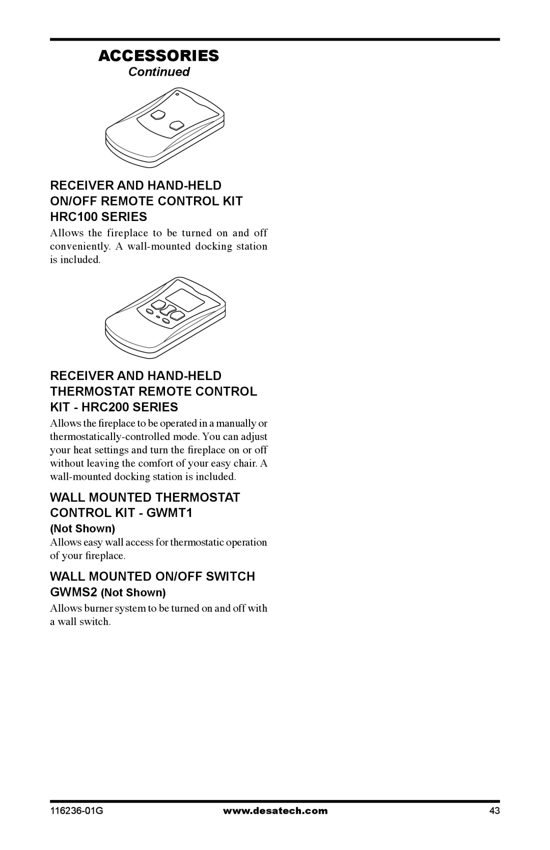 Desa CGCDV42PR, CGCDV42NR, (V)VC42P Wall mounted thermostat control kit gwmt1, Wall mounted on/off switch, GwmS2 Not Shown 