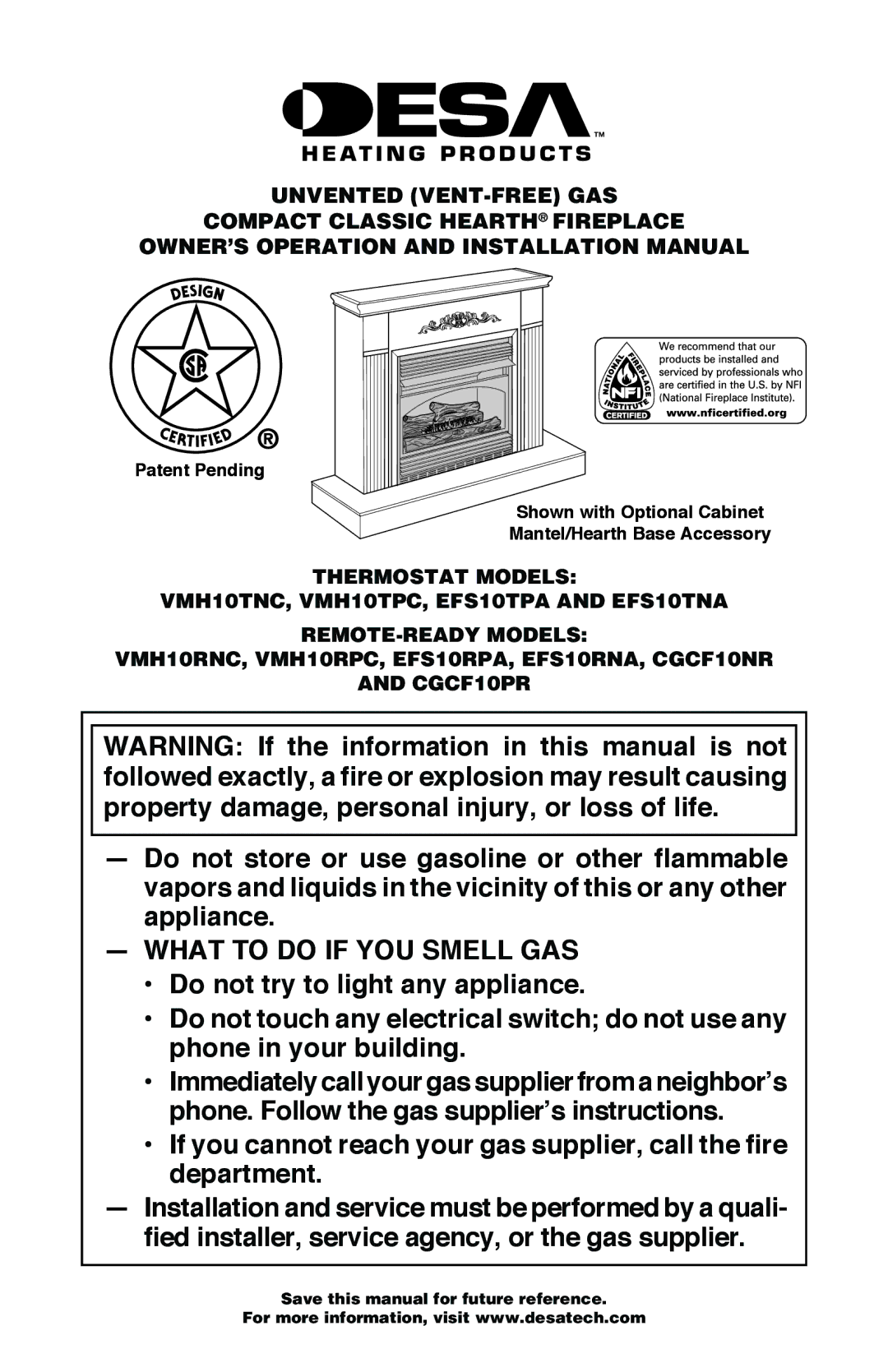 Desa CGCF10PR, CGCF10NR, EFS10RNA, EFS10RPA, VMH10RPC, VMH10RNC installation manual What to do if YOU Smell GAS 