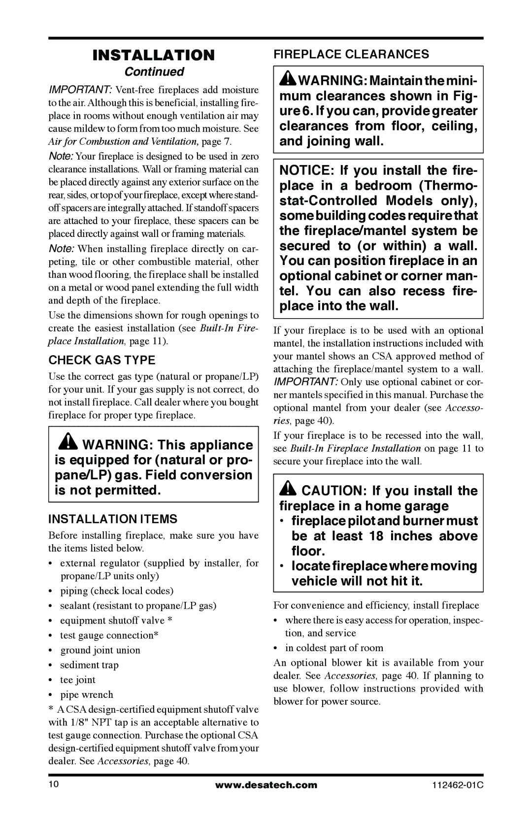 Desa VMH10RPC, CGCF10NR, CGCF10PR, EFS10RNA, EFS10RPA, VMH10RNC Check GAS Type, Installation Items, Fireplace Clearances 