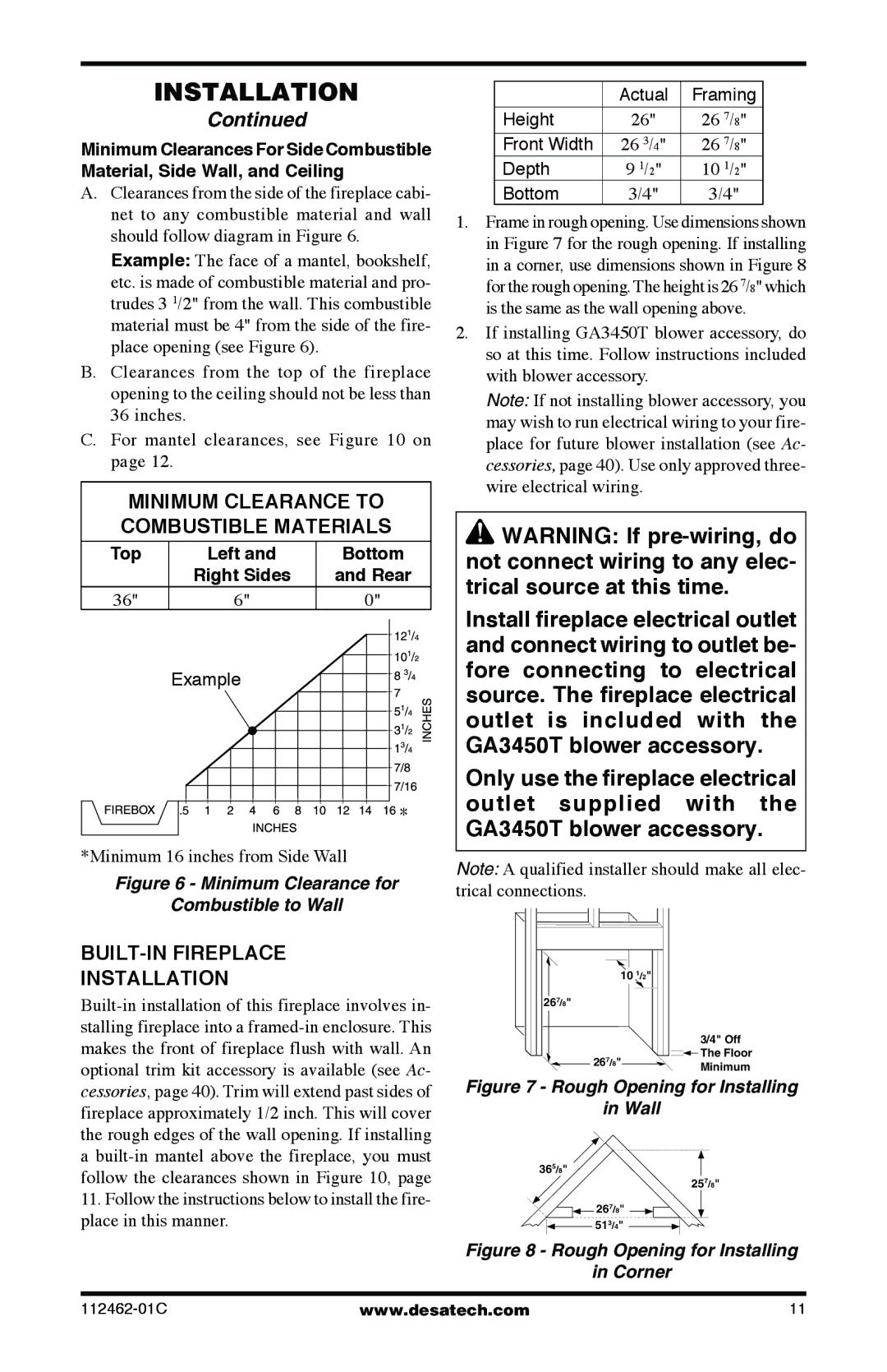 Desa VMH10RNC, CGCF10NR, CGCF10PR Minimum Clearance to Combustible Materials, BUILT-IN Fireplace Installation, Example 