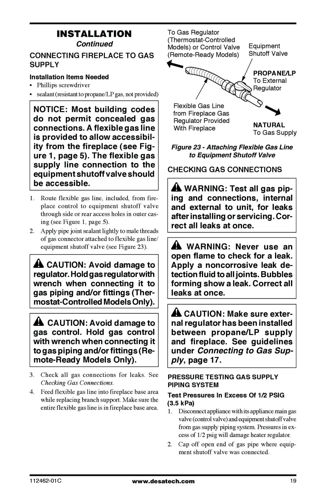 Desa CGCF10PR, CGCF10NR, EFS10RNA Connecting Fireplace to GAS Supply, Checking GAS Connections, Installation Items Needed 