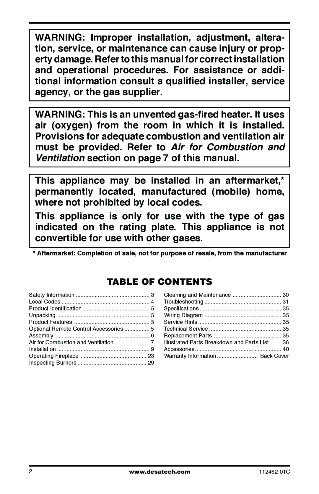 Desa EFS10RNA, CGCF10NR, CGCF10PR, EFS10RPA, VMH10RPC, VMH10RNC installation manual Table of Contents 