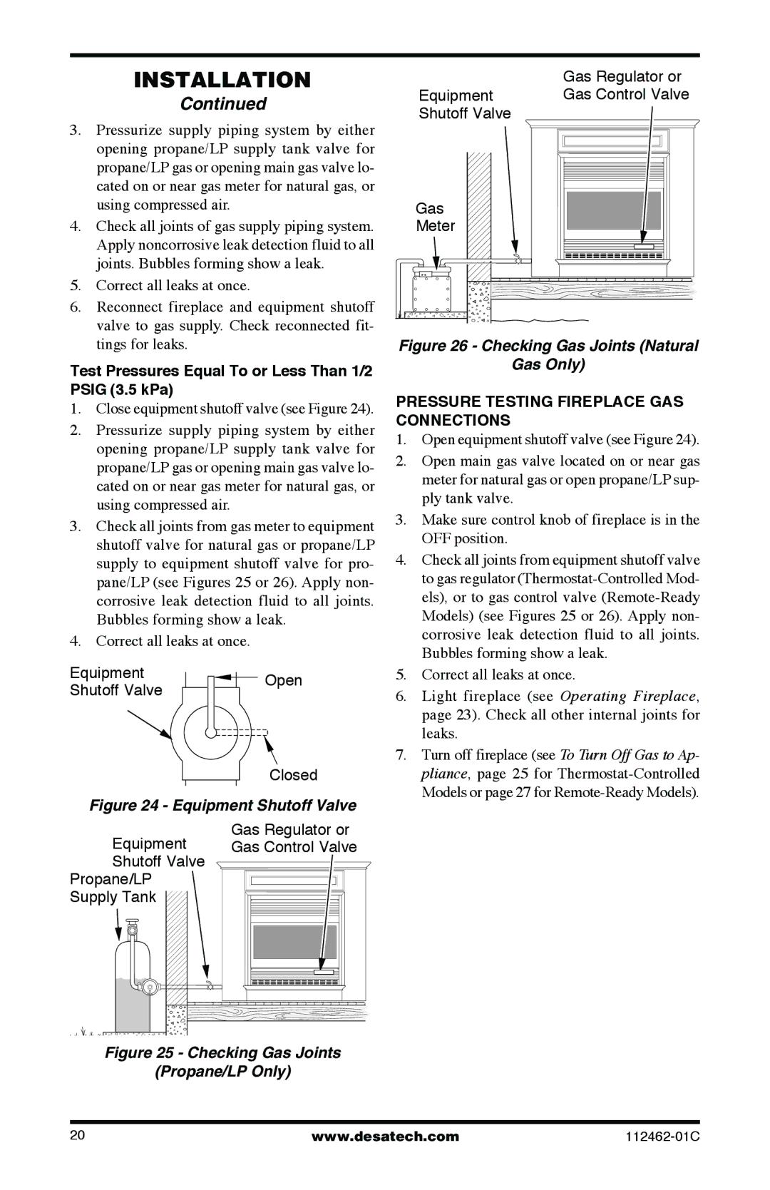 Desa EFS10RNA, CGCF10NR, CGCF10PR Test Pressures Equal To or Less Than 1/2 Psig 3.5 kPa, Equipment Shutoff Valve, Closed 