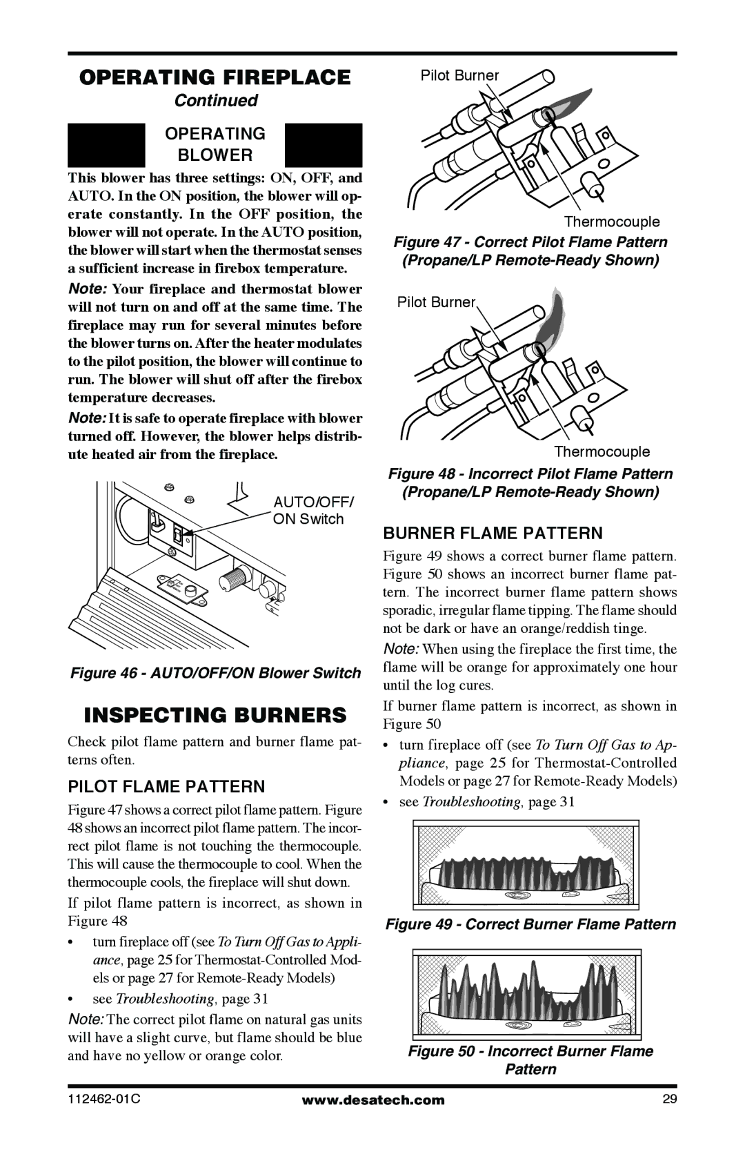 Desa VMH10RNC, CGCF10NR, CGCF10PR Inspecting Burners, Pilot Flame Pattern, Burner Flame Pattern, Pilot Burner Thermocouple 