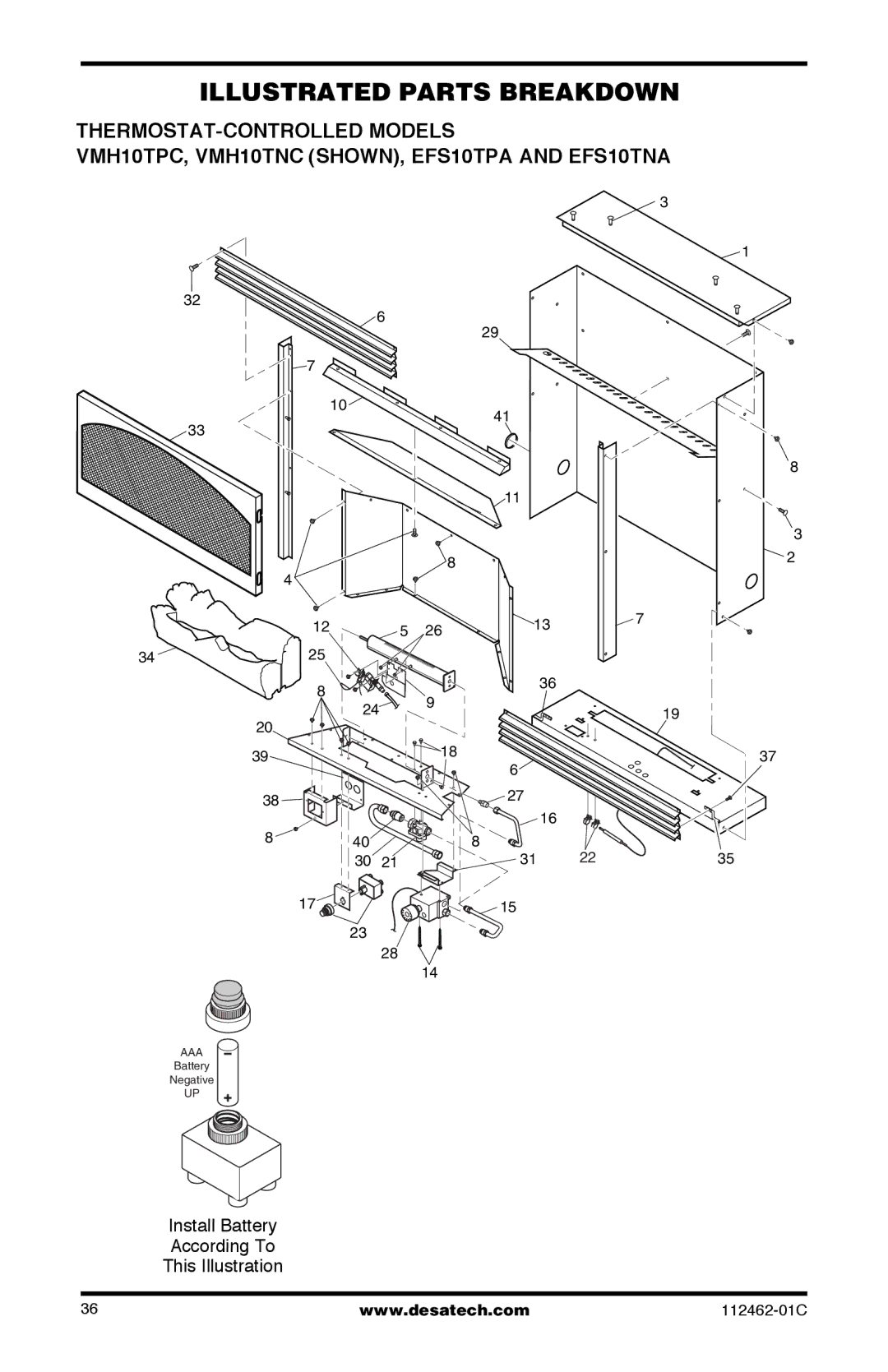 Desa CGCF10NR, CGCF10PR, EFS10RNA, EFS10RPA Illustrated Parts Breakdown, Install Battery According To This Illustration 