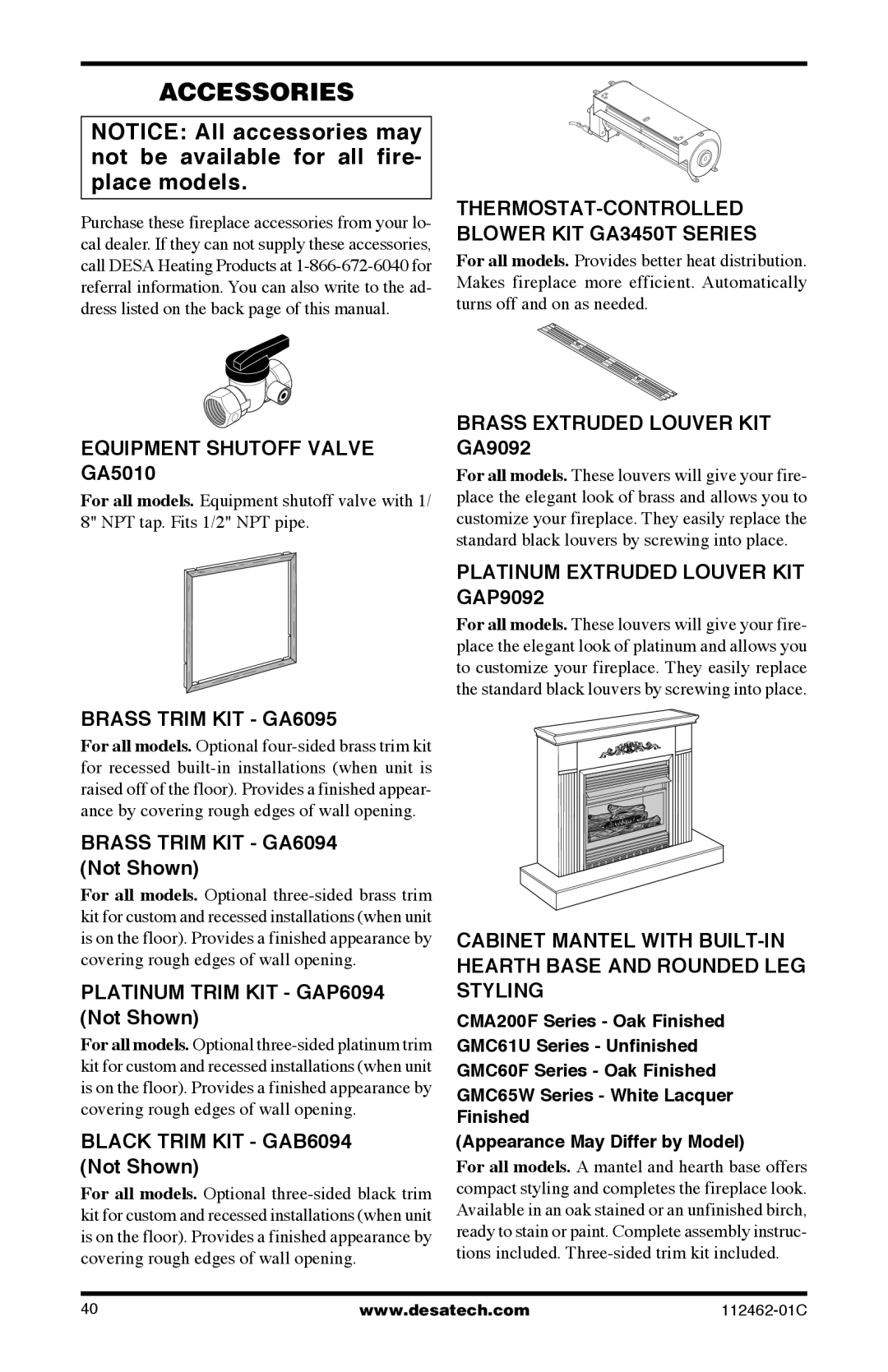 Desa VMH10RPC, CGCF10NR, CGCF10PR, EFS10RNA, EFS10RPA, VMH10RNC installation manual Accessories 