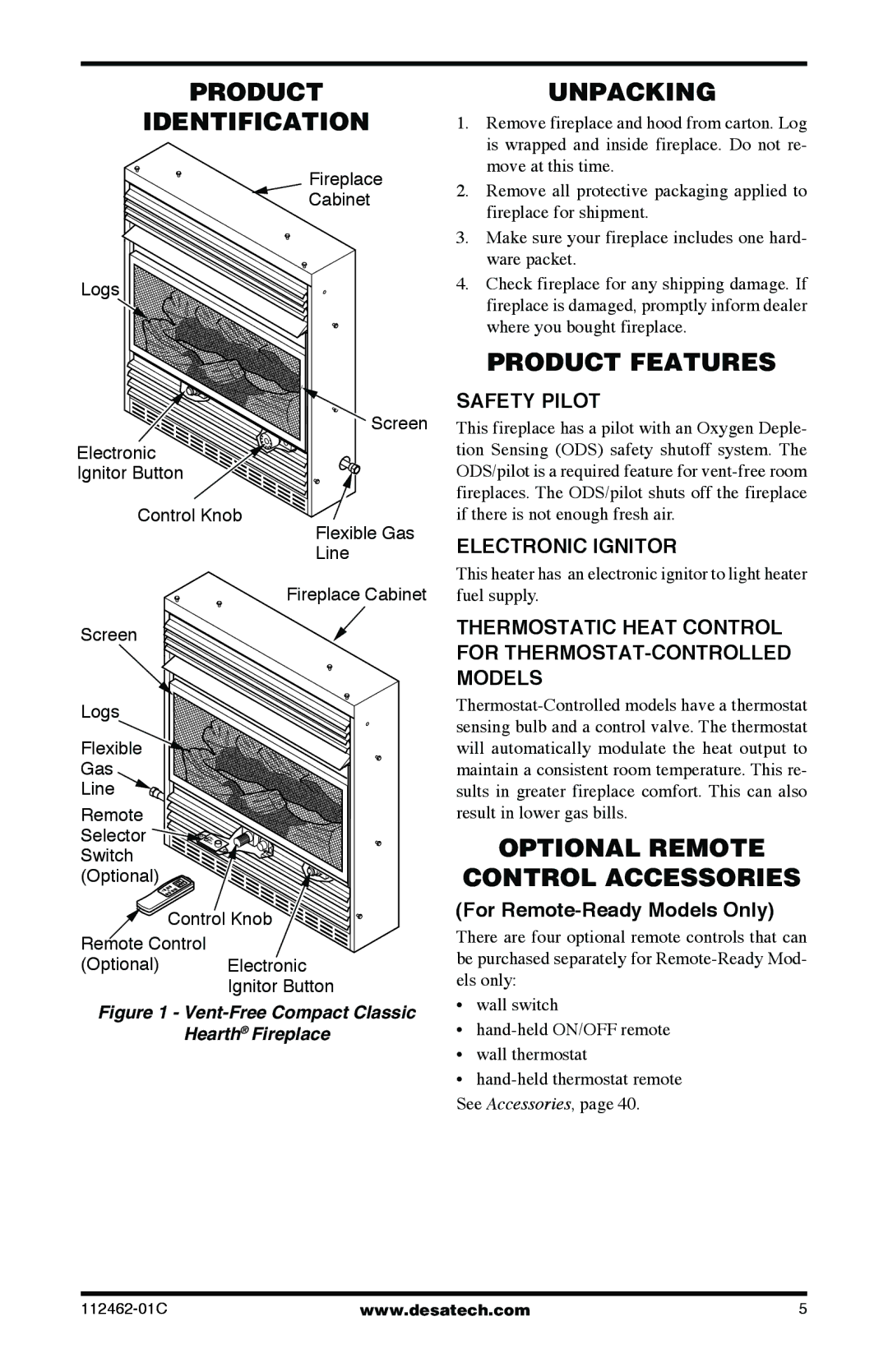 Desa VMH10RNC, CGCF10NR, CGCF10PR Product Identification, Unpacking, Product Features, Optional Remote Control Accessories 