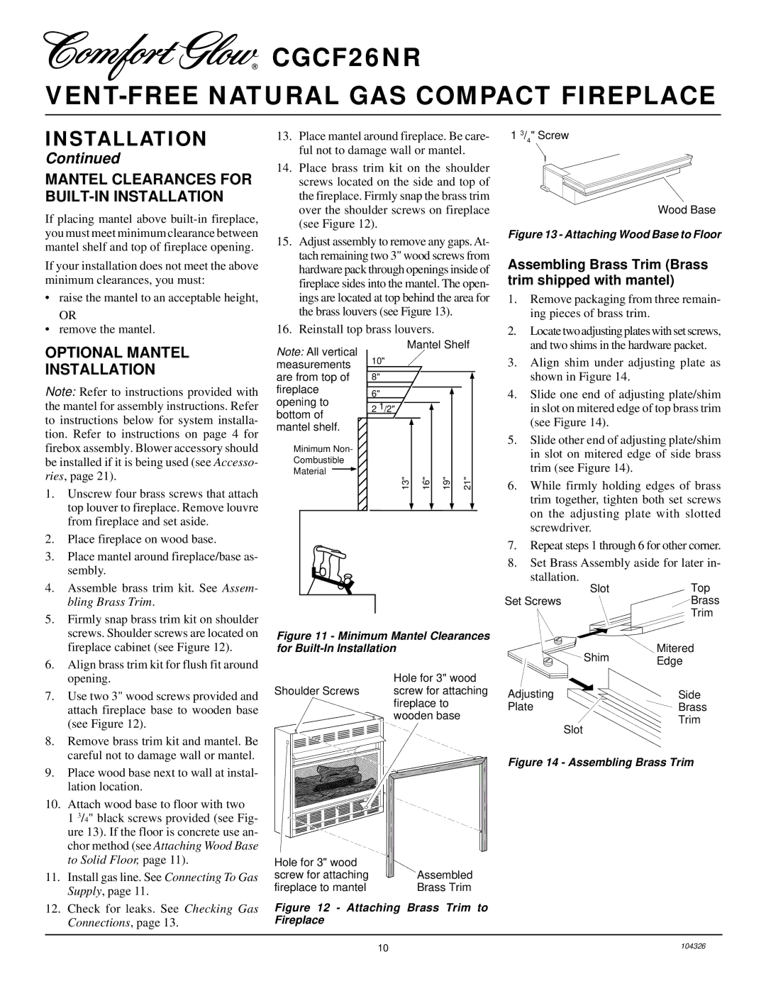 Desa CGCF26NR Mantel Clearances for BUILT-IN Installation, Optional Mantel Installation, Reinstall top brass louvers 