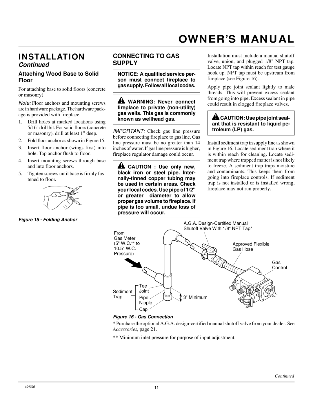 Desa CGCF26NR installation manual Connecting to GAS Supply, Attaching Wood Base to Solid Floor 