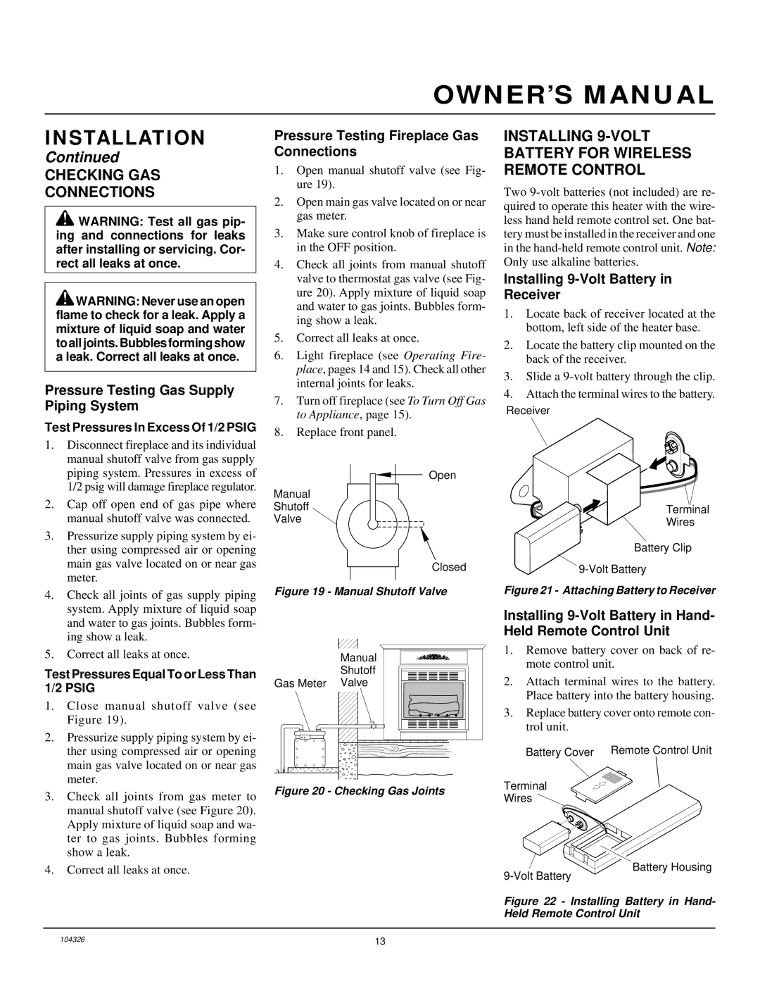 Desa CGCF26NR installation manual Checking GAS Connections, Installing 9-VOLT Battery for Wireless Remote Control 