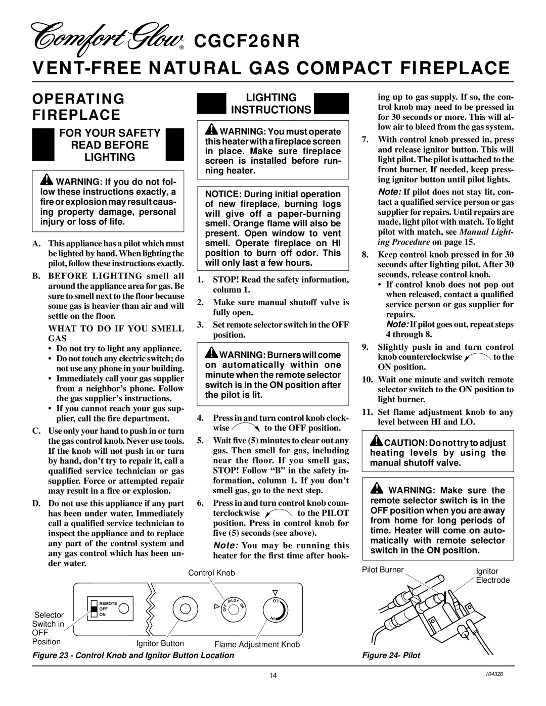 Desa CGCF26NR installation manual Operating Fireplace, For Your Safety Read Before Lighting, Lighting Instructions 