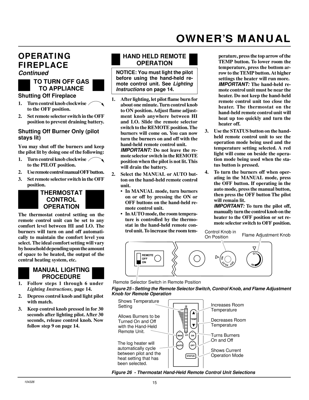 Desa CGCF26NR installation manual To Turn OFF GAS To Appliance, Thermostat Control Operation, Hand Held Remote Operation 