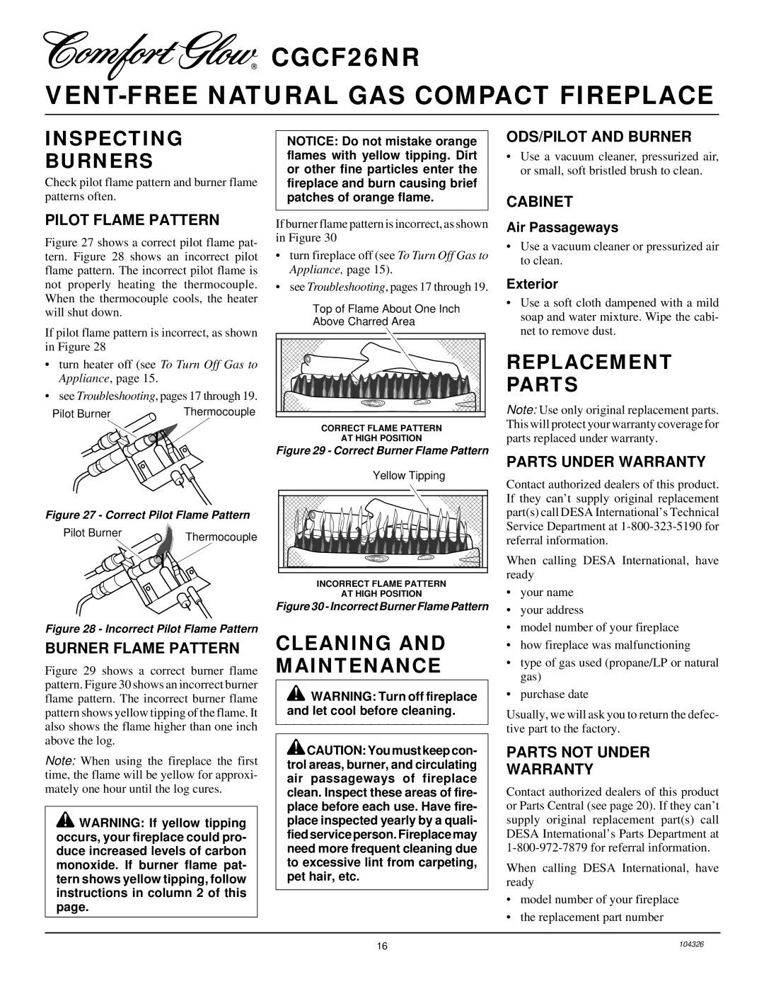 Desa CGCF26NR installation manual Inspecting Burners, Cleaning and Maintenance, Replacement Parts 