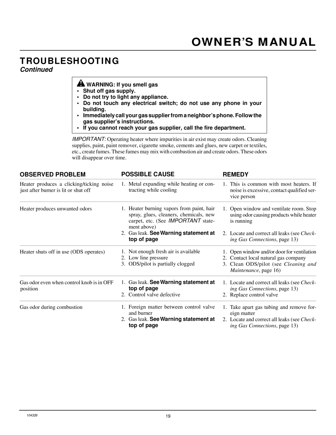 Desa CGCF26NR Top, Gas odor even when control knob is in OFF position, Gas leak. See Warning statement at top 