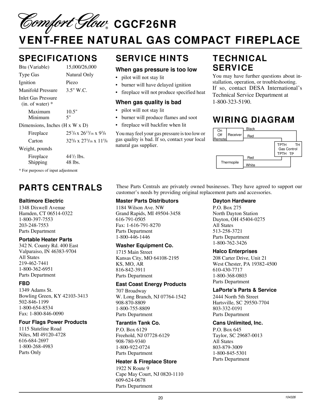 Desa CGCF26NR installation manual Specifications, Service Hints, Technical Service, Wiring Diagram, Parts Centrals 