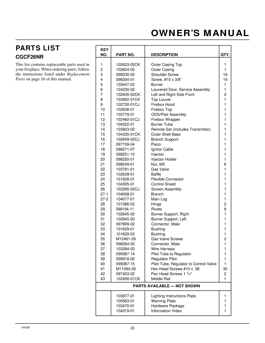 Desa CGCF26NR installation manual Parts List, KEY Description QTY 