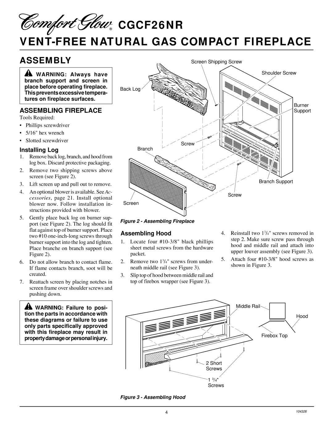 Desa CGCF26NR installation manual Assembly, Assembling Fireplace, Installing Log, Assembling Hood 