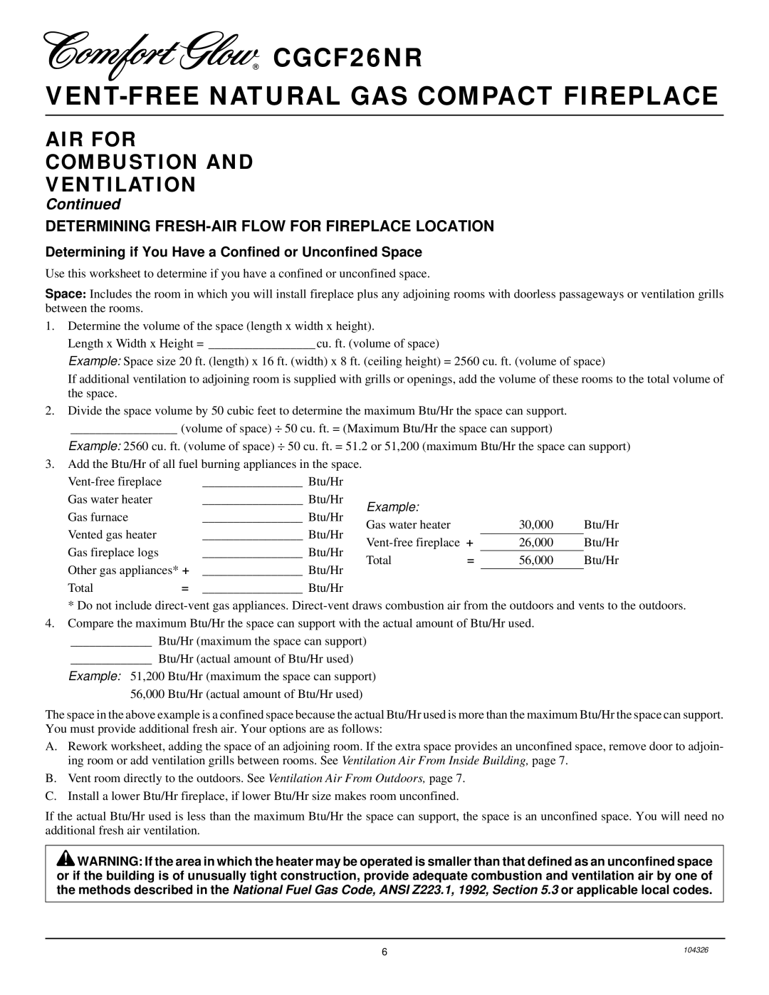 Desa CGCF26NR installation manual AIR for Combustion Ventilation, Determining FRESH-AIR Flow for Fireplace Location 