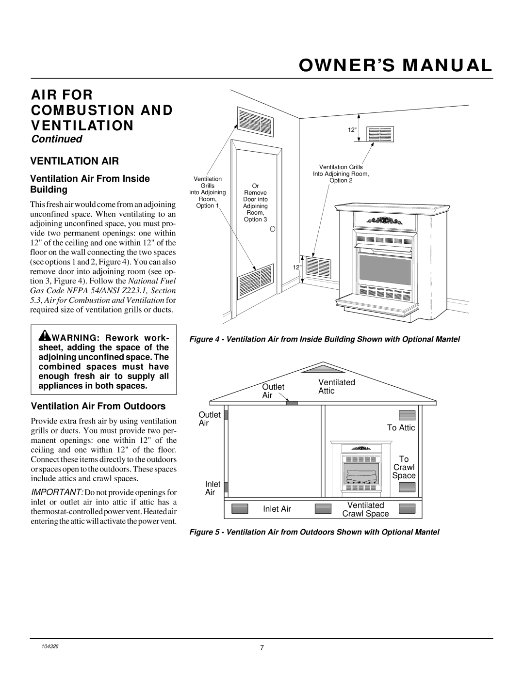 Desa CGCF26NR installation manual Ventilation AIR, Ventilation Air From Inside Building, Ventilation Air From Outdoors 