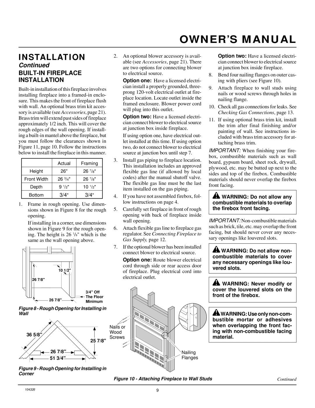 Desa CGCF26NR installation manual BUILT-IN Fireplace Installation, Rough Opening for Installing in Wall 