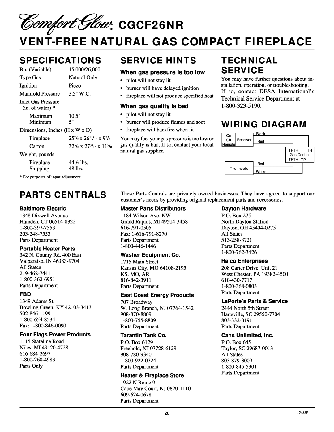 Desa CGCF26NR installation manual Specifications, Service Hints, Technical Service, Wiring Diagram, Parts Centrals 