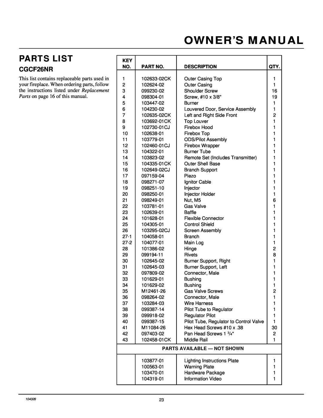 Desa CGCF26NR installation manual Parts List, Description, Parts Available - Not Shown 