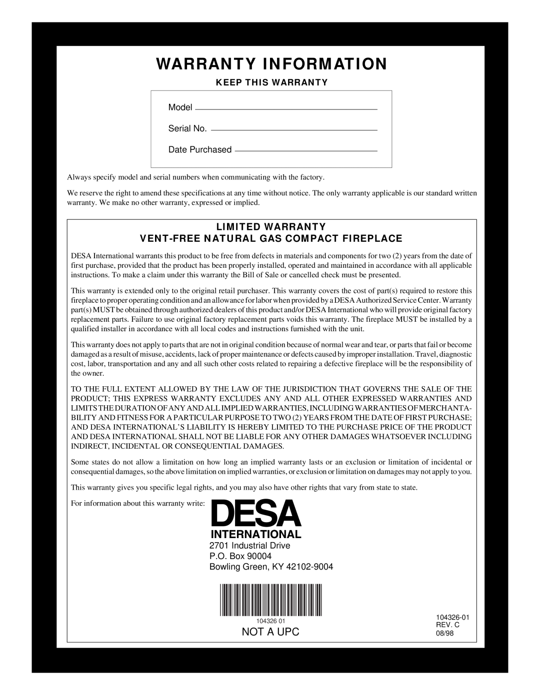 Desa CGCF26NR installation manual Warranty Information, Not A Upc 