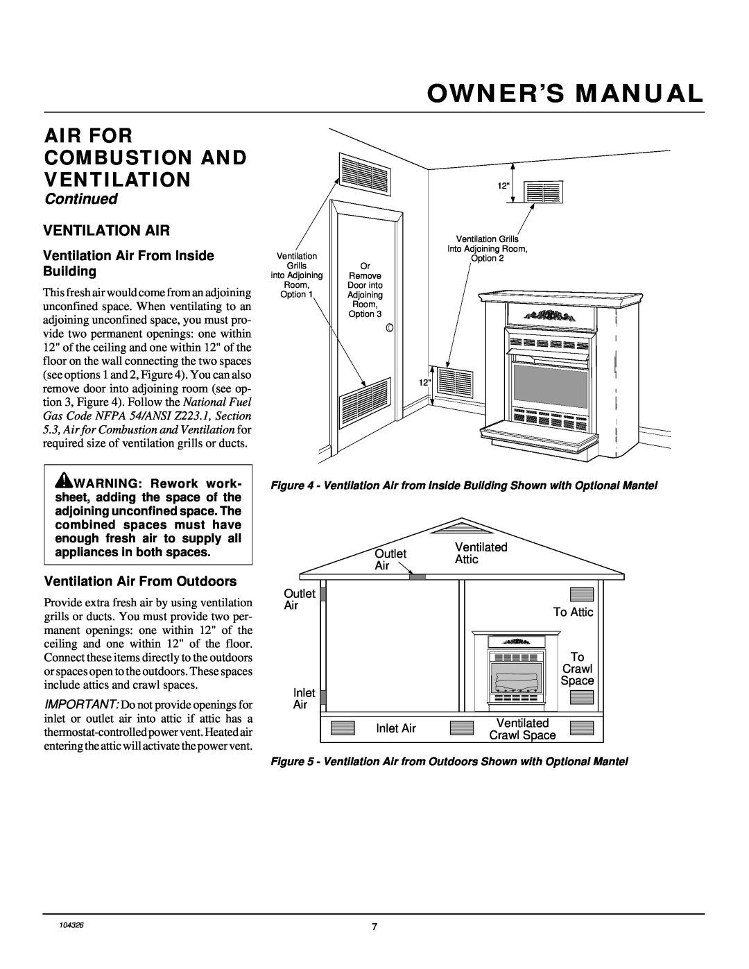 Desa CGCF26NR installation manual Air For Combustion And Ventilation, Continued, Ventilation Air From Inside Building 