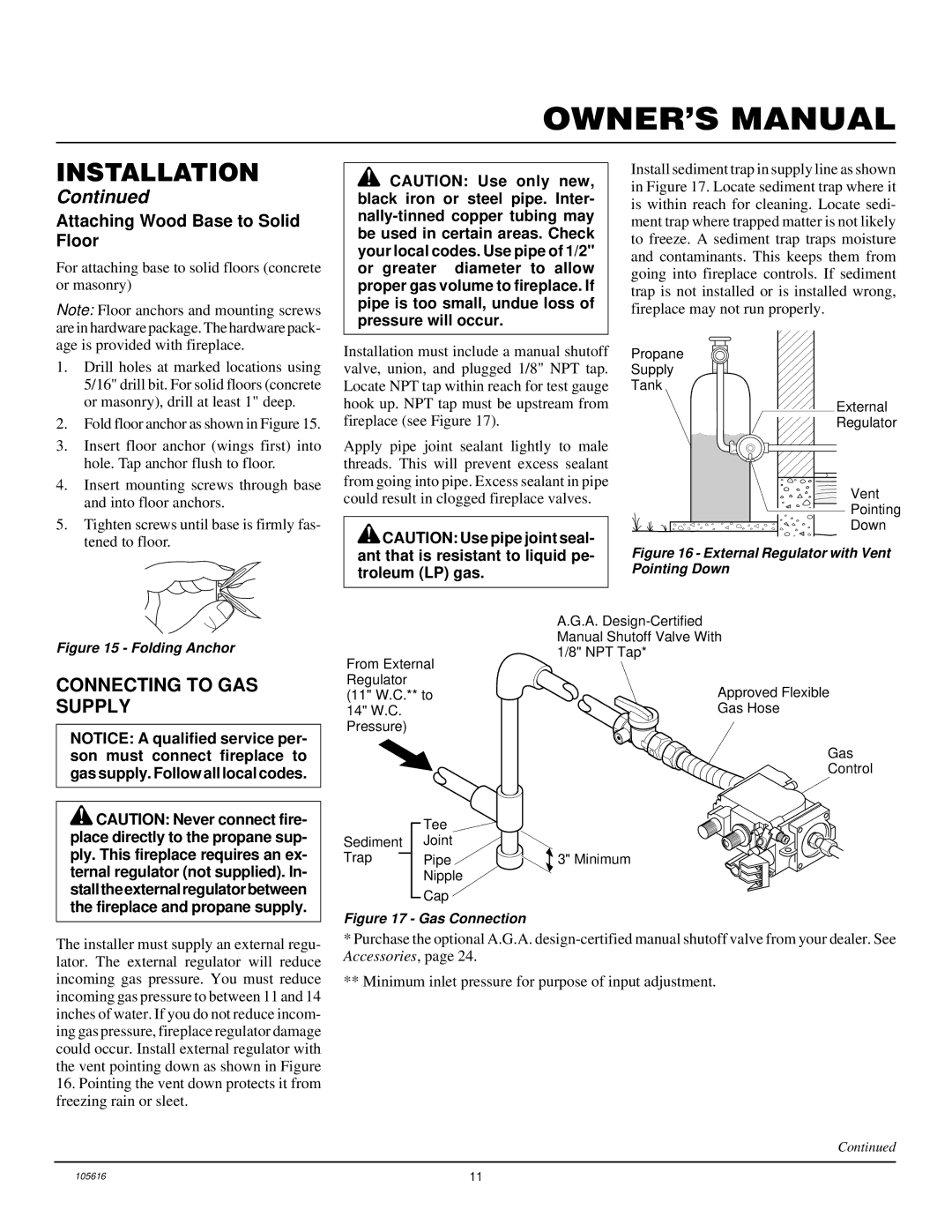 Desa CGCF26PRA installation manual Connecting to GAS Supply, Attaching Wood Base to Solid Floor 