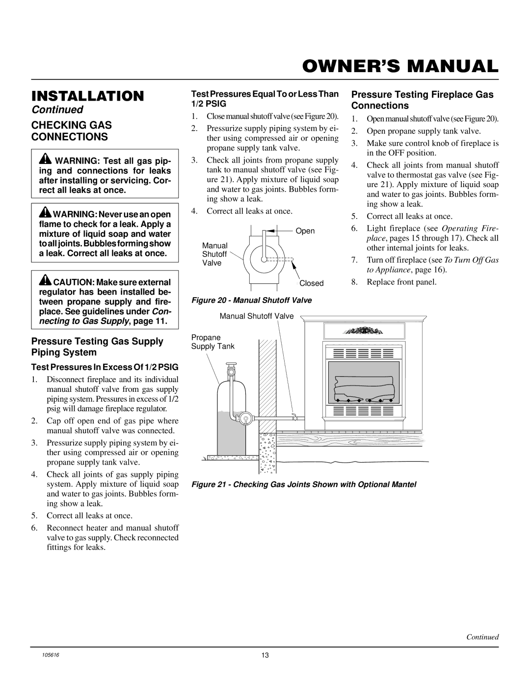 Desa CGCF26PRA installation manual Checking GAS Connections, Pressure Testing Gas Supply Piping System 