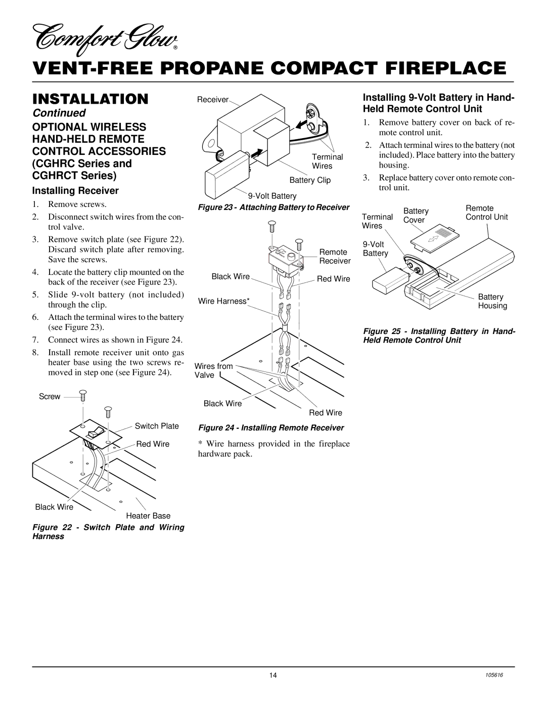 Desa CGCF26PRA installation manual Installing Receiver, Installing 9-Volt Battery in Hand- Held Remote Control Unit 