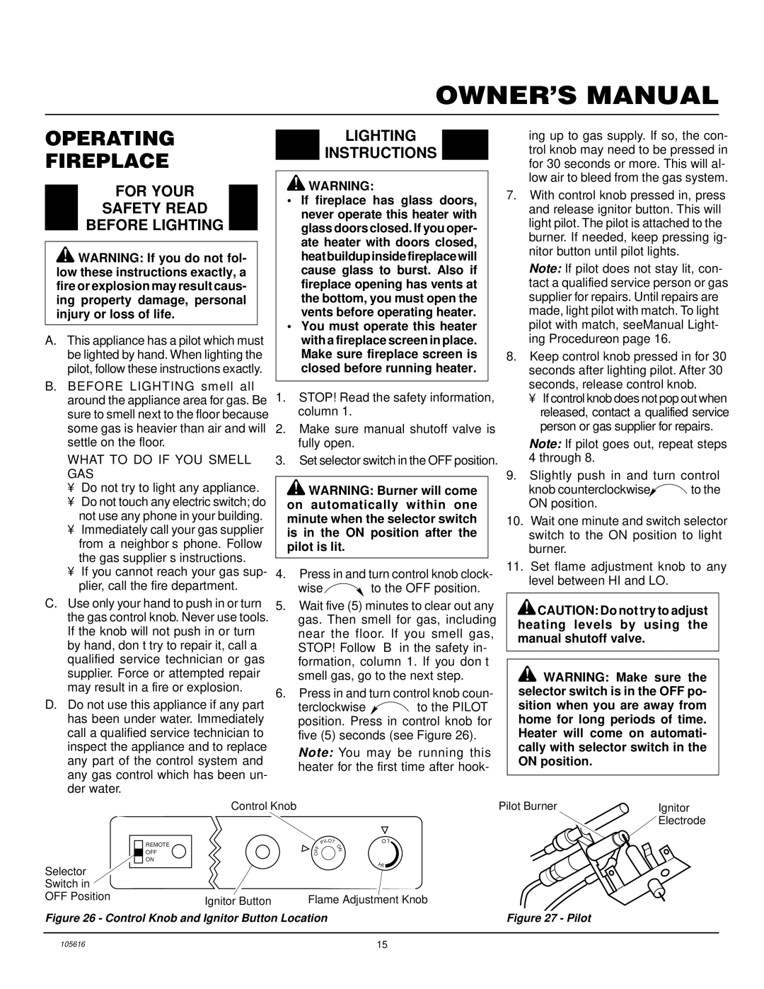 Desa CGCF26PRA installation manual Operating Fireplace, For Your Safety Read Before Lighting, Lighting Instructions 