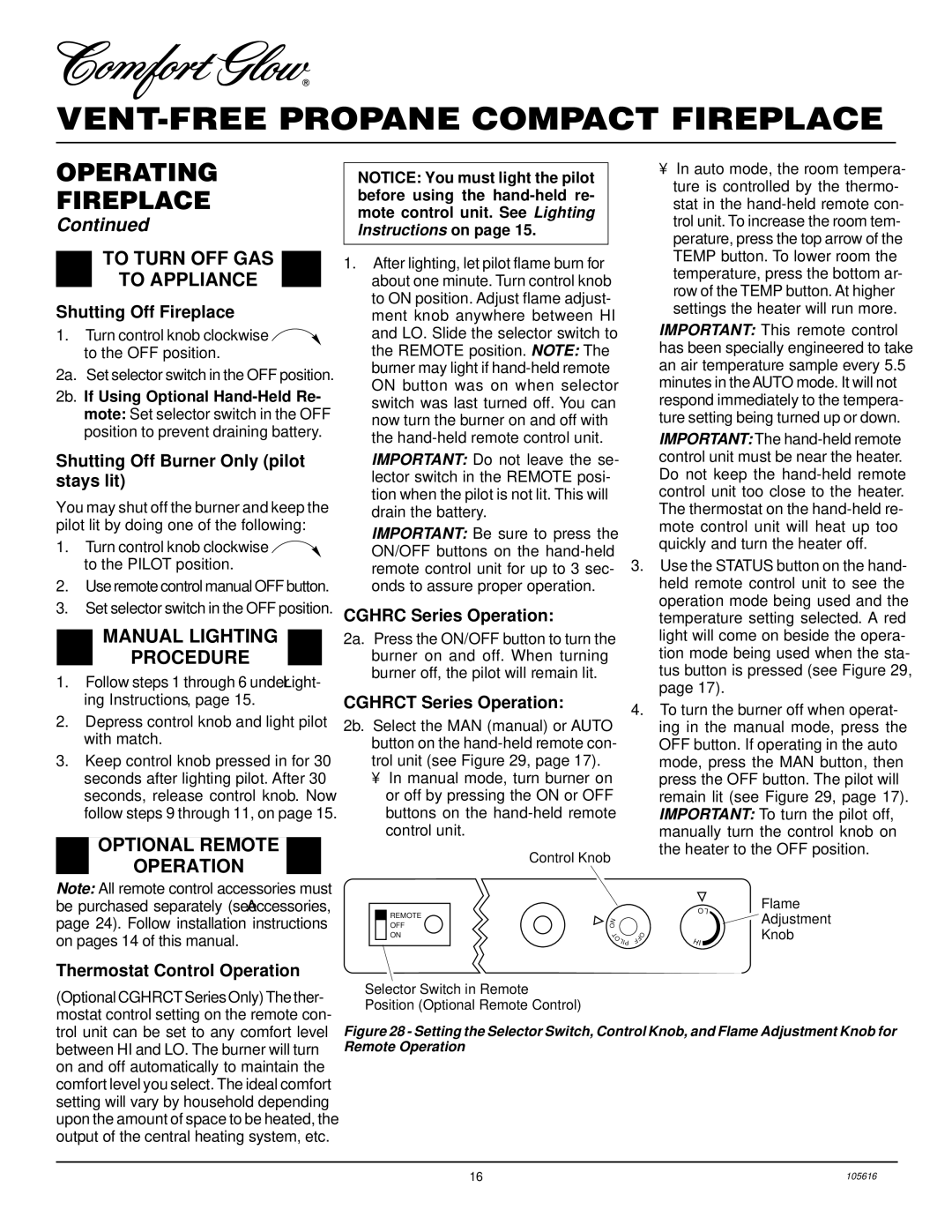 Desa CGCF26PRA installation manual To Turn OFF GAS To Appliance, Manual Lighting Procedure, Optional Remote Operation 