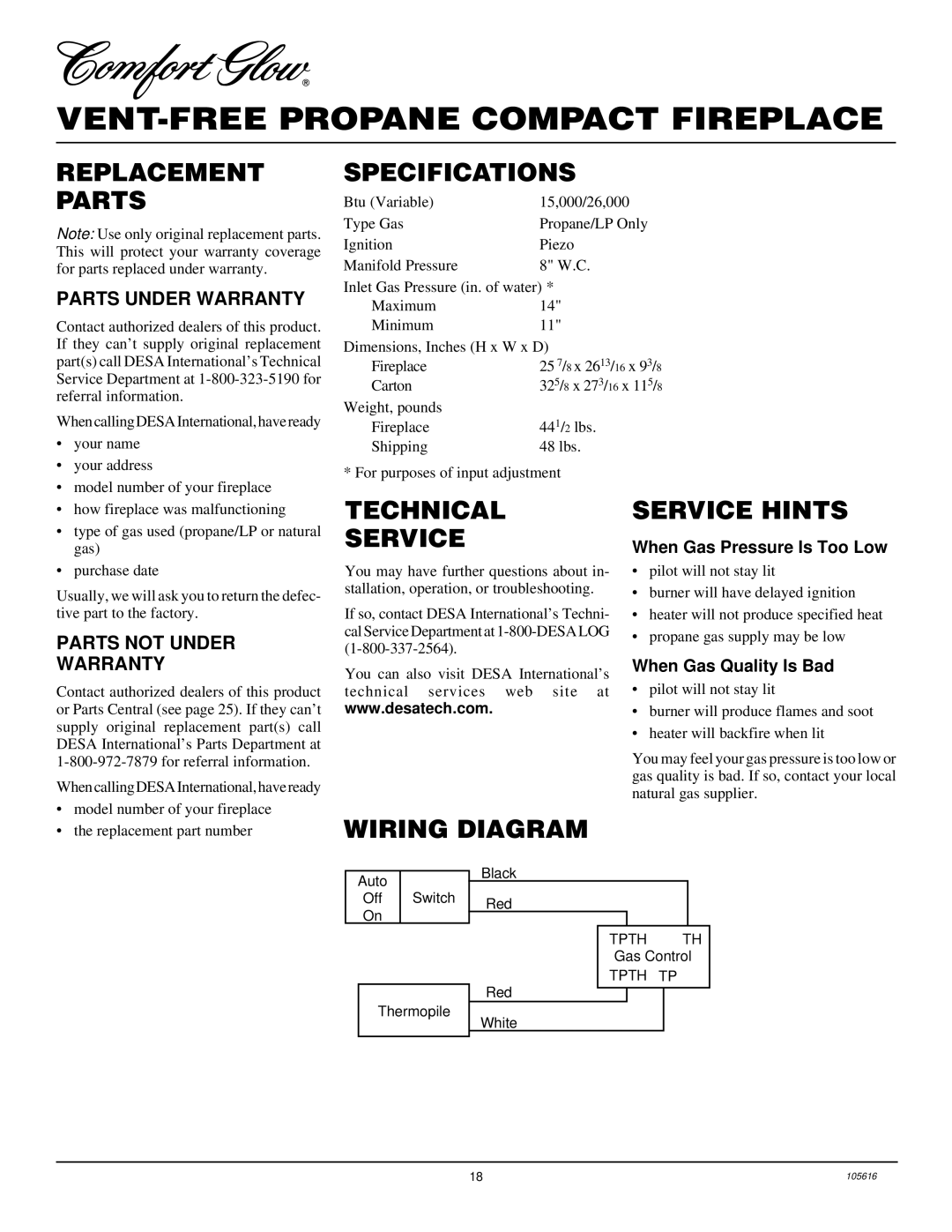 Desa CGCF26PRA installation manual Replacement Parts, Specifications, Technical Service, Service Hints, Wiring Diagram 