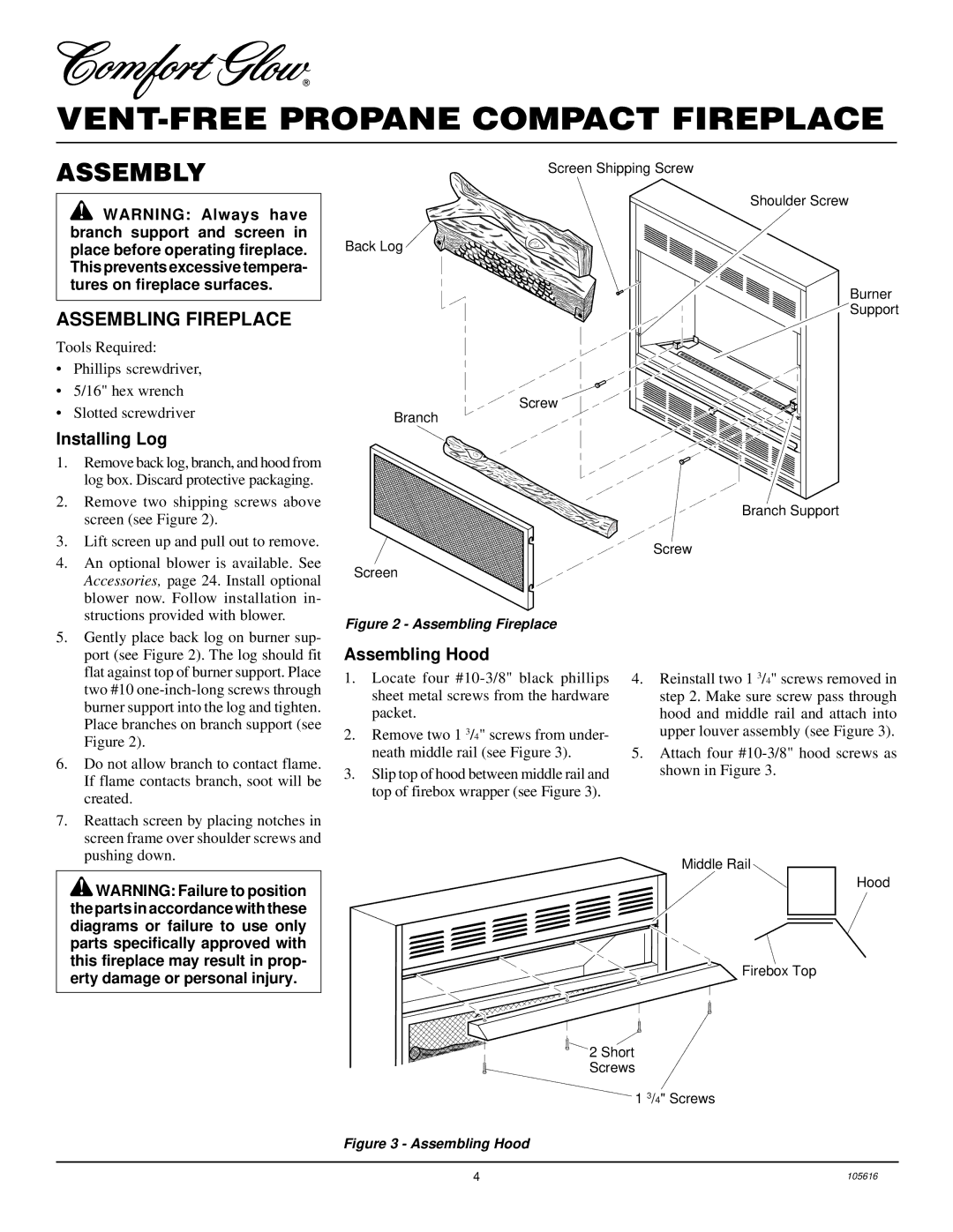 Desa CGCF26PRA installation manual Assembly, Assembling Fireplace, Installing Log, Assembling Hood 