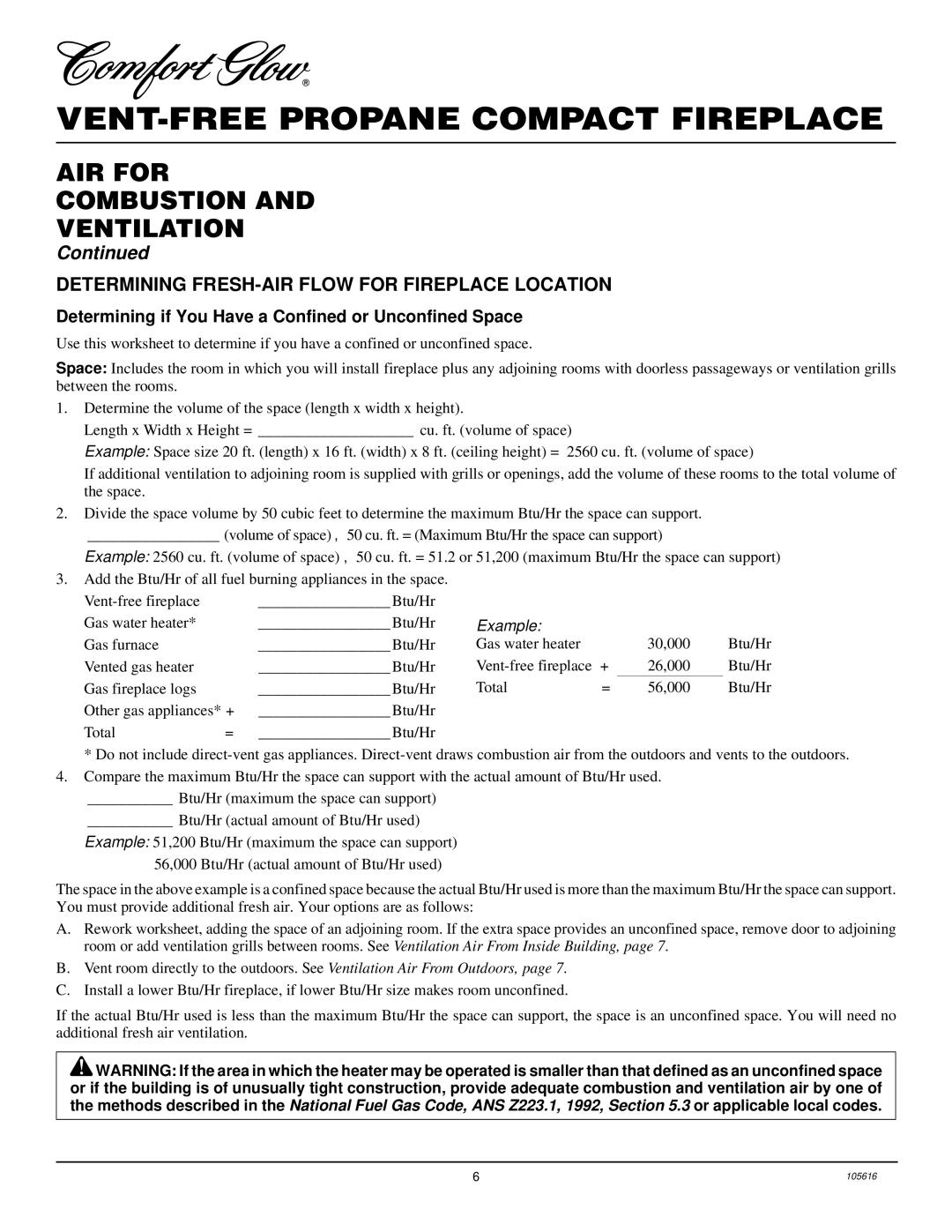 Desa CGCF26PRA installation manual AIR for Combustion Ventilation, Determining FRESH-AIR Flow for Fireplace Location 