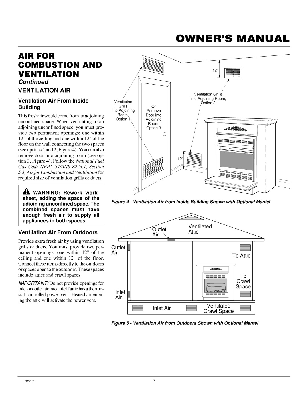 Desa CGCF26PRA installation manual Ventilation AIR, Ventilation Air From Inside Building, Ventilation Air From Outdoors 