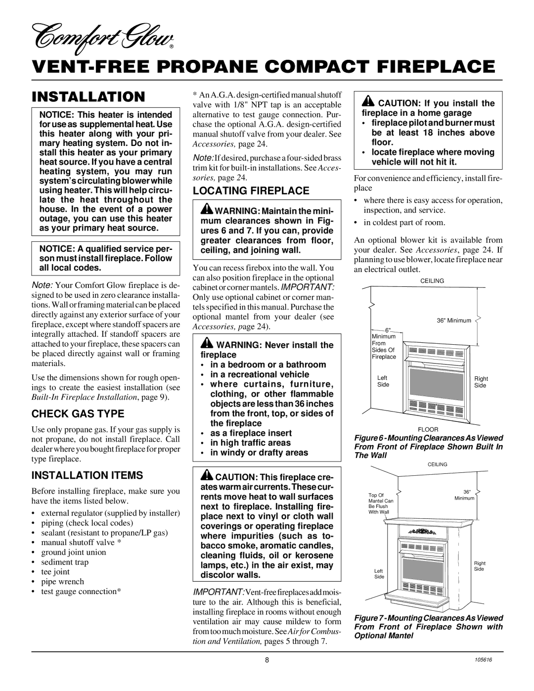 Desa CGCF26PRA installation manual Check GAS Type, Installation Items, Locating Fireplace 