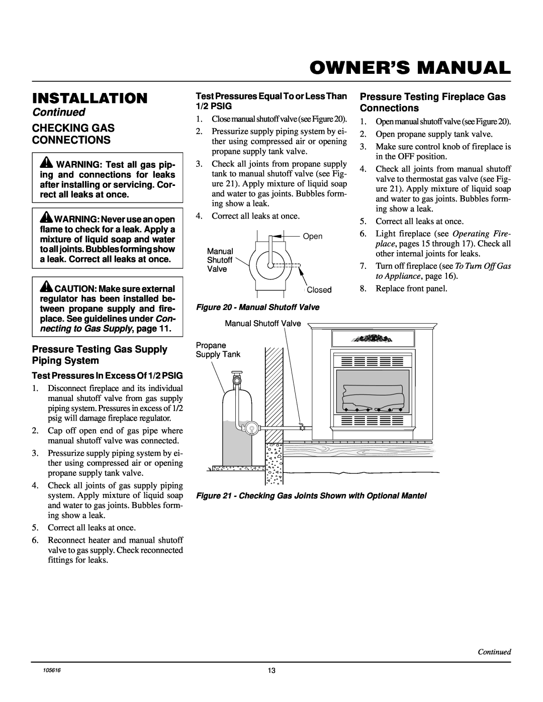 Desa CGCF26PRA installation manual Installation, Continued, Test Pressures In Excess Of 1/2 PSIG 