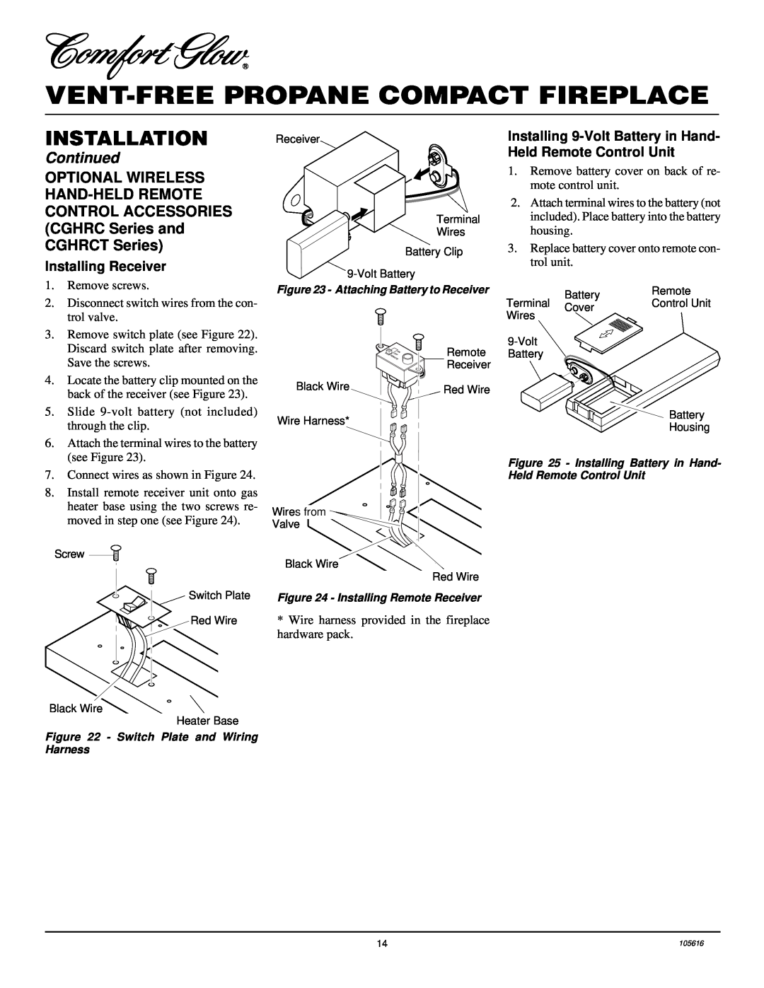 Desa CGCF26PRA installation manual Vent-Freepropane Compact Fireplace, Installation, Continued, Installing Receiver 