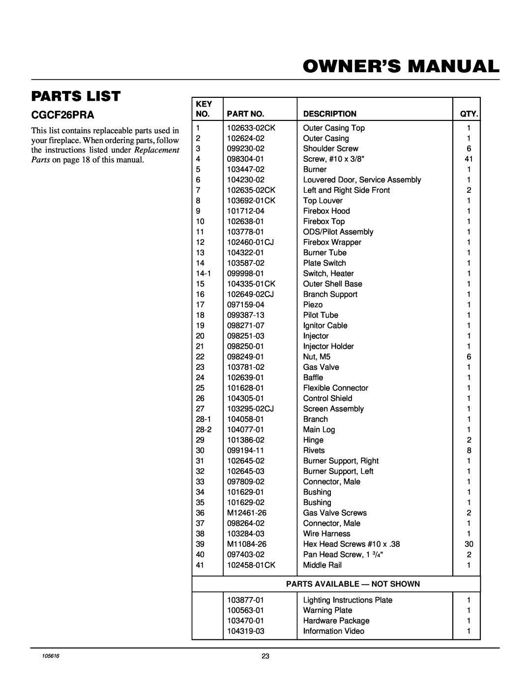 Desa CGCF26PRA installation manual Parts List, Description, Parts Available - Not Shown 